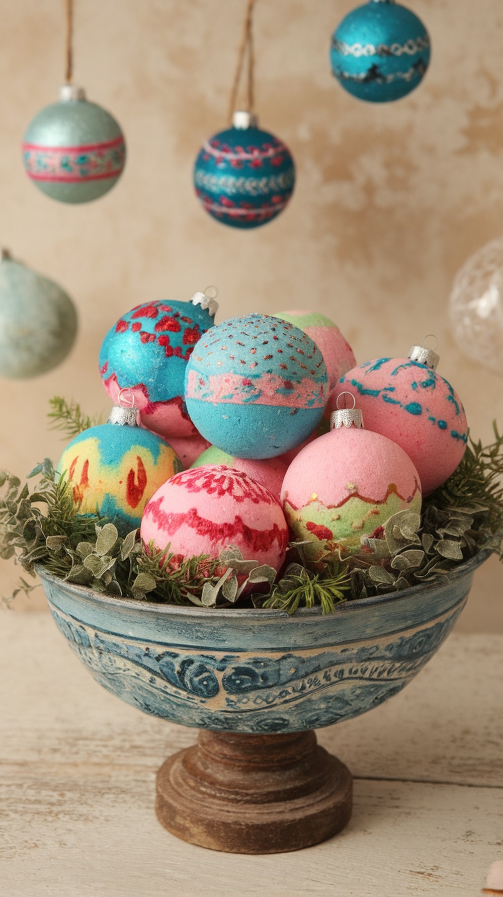 A bowl filled with colorful Christmas bath bombs resembling ornaments, surrounded by greenery.