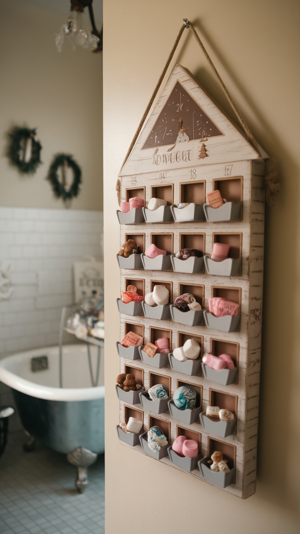 A wooden advent calendar hanging on a wall with small compartments filled with colorful items, set in a cozy bathroom.