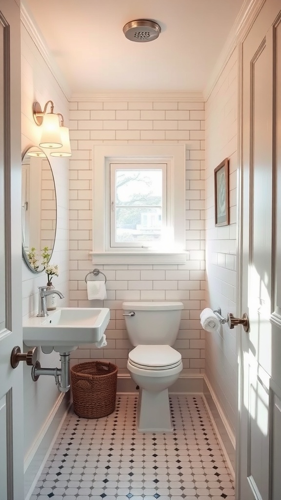 15 Creative Ways to Decorate a Small Bathroom on a Budget A small, well-lit bathroom featuring a wall sconce and natural light from a window.
