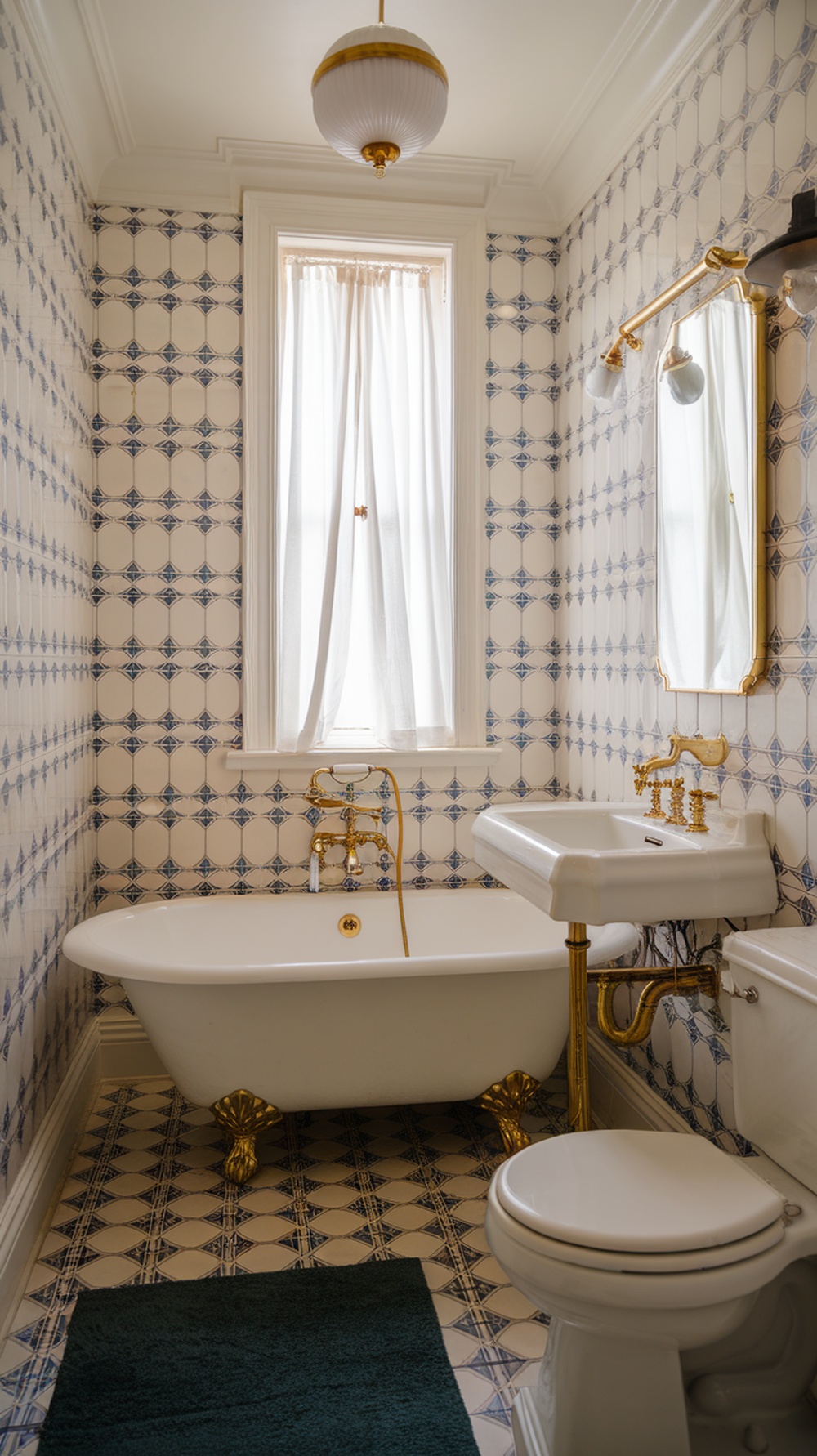 A small bathroom featuring Art Deco style with patterned tiles, a vintage bathtub, and elegant lighting.