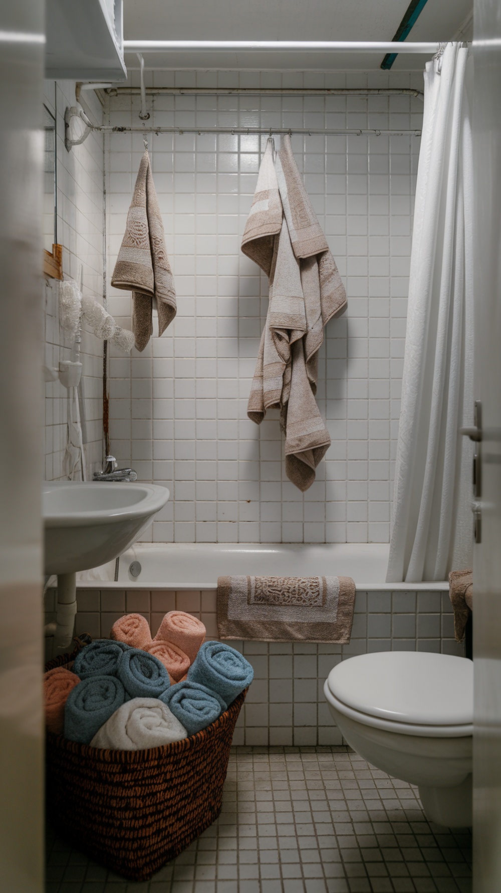 15 Small Funky Bathroom Ideas to Transform Your Space Instantly A small bathroom with towels displayed artfully, including hanging towels and a basket of rolled towels.