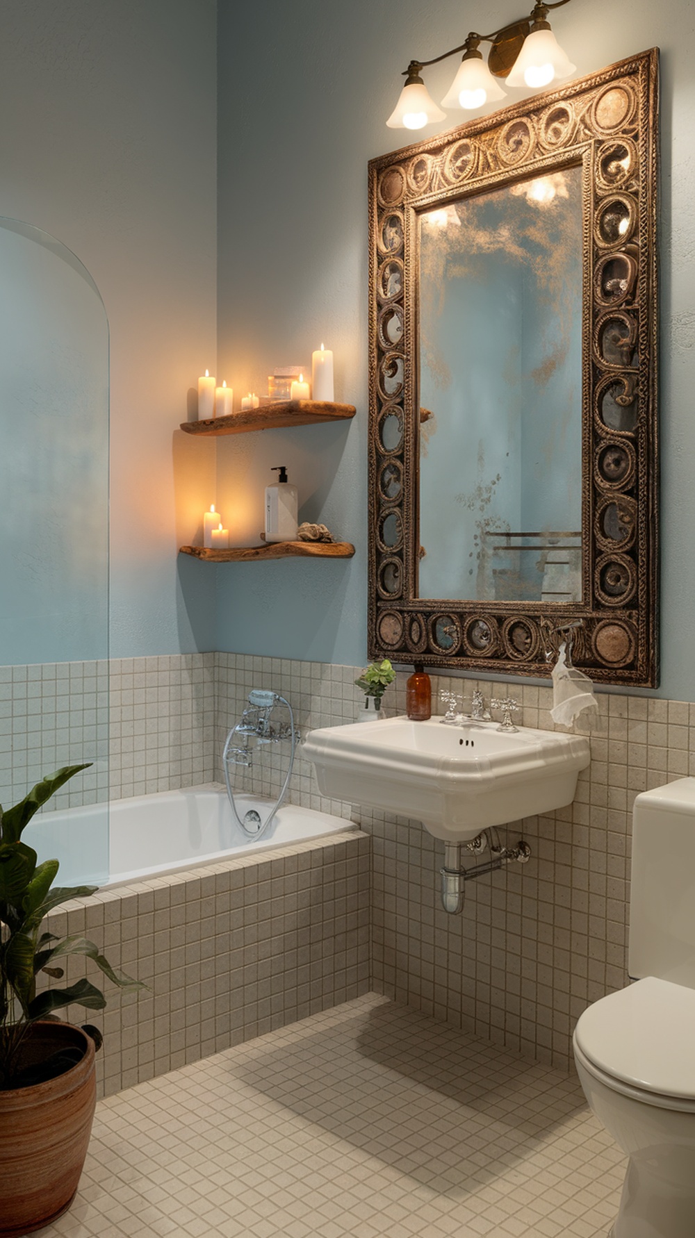10 Boho Bathroom Decor Ideas for a Relaxed and Artistic Oasis A boho bathroom featuring an ornate mirror with a unique frame, candles, and wooden shelves.
