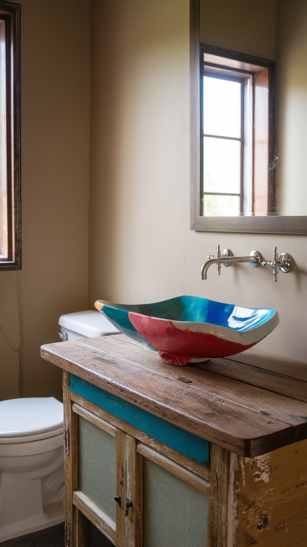 15 Small Funky Bathroom Ideas to Transform Your Space Instantly A colorful artistic sink on a rustic wooden countertop in a small bathroom