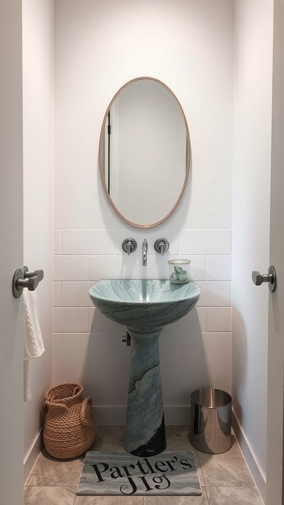 Artistic sink design in a small bathroom with a unique pedestal and marble-like finish.