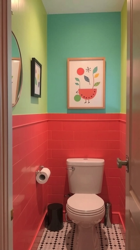 A small bathroom with coral tiled walls and mint green upper walls, featuring playful artwork.
