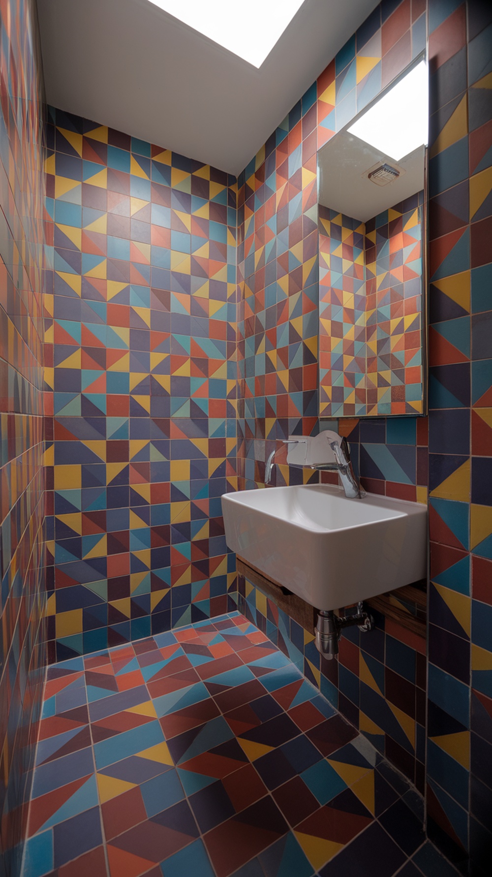 A small bathroom with bold geometric patterned tiles in various colors.