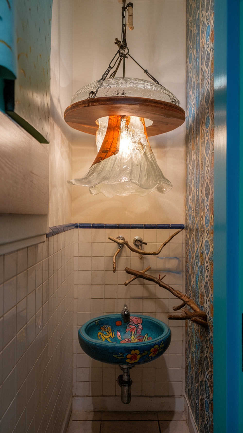 15 Funky Small Bathroom Ideas on a Budget with Must-Have Amazon Decor Finds A stylish pendant light hanging above a colorful sink in a small bathroom.
