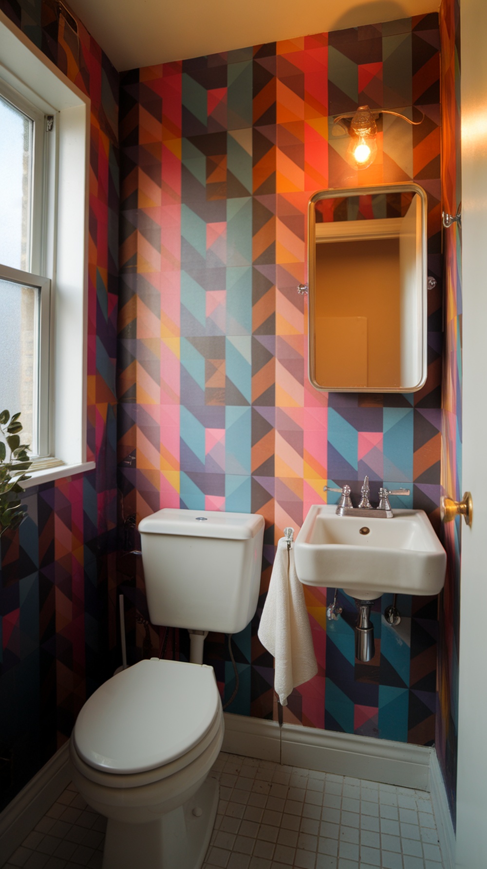 15 Small Funky Bathroom Ideas to Transform Your Space Instantly A small bathroom featuring bold geometric wallpaper in vibrant colors, a white toilet, and a small sink.