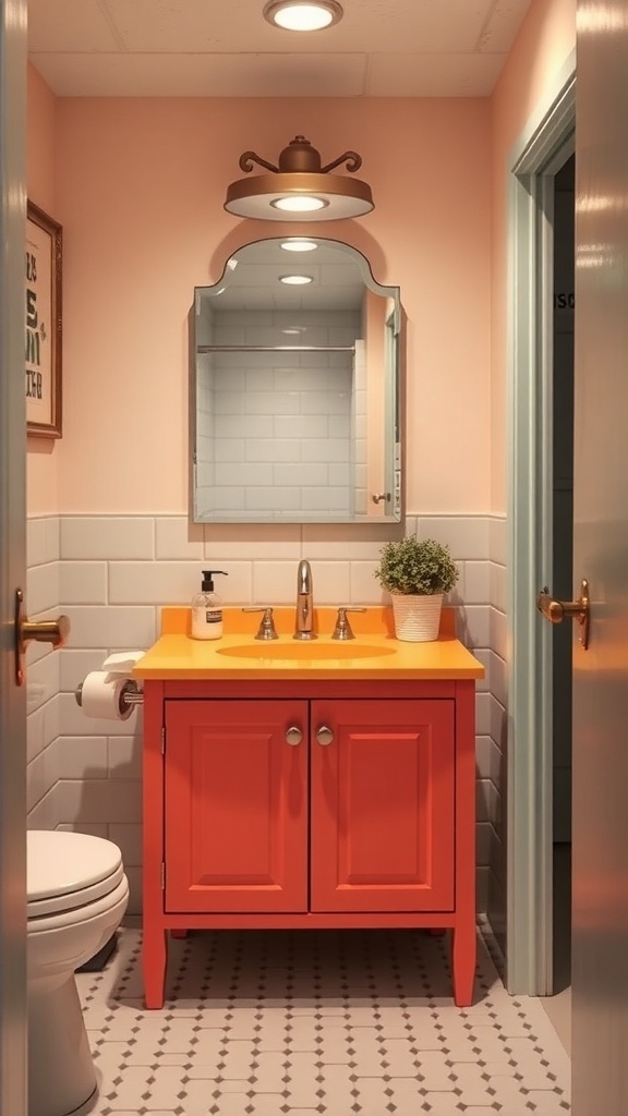 Brightly colored orange vanity in a small bathroom with pink walls and a mirror above it.
