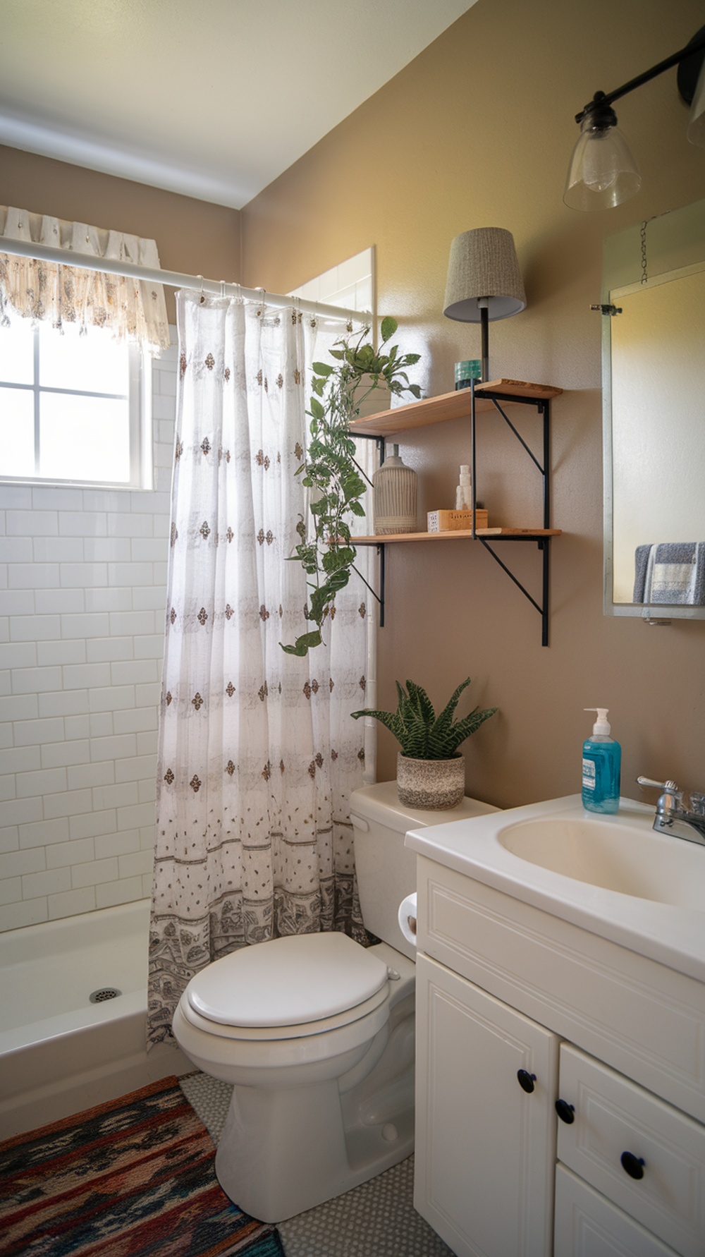 15 Funky Small Bathroom Ideas on a Budget with Must-Have Amazon Decor Finds A cozy small bathroom featuring a shower, floating shelves, and plants.