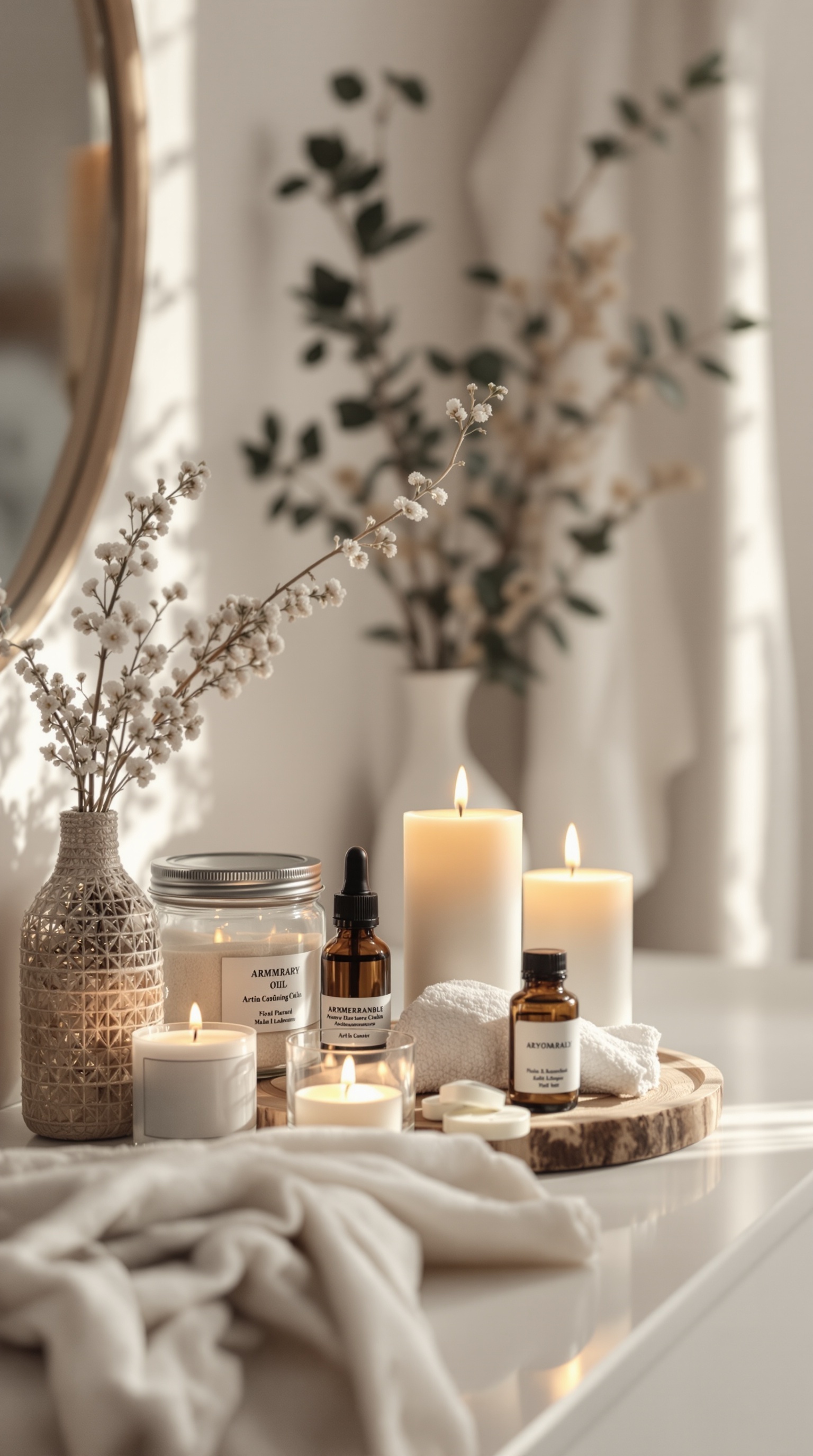 A minimalist bathroom display featuring candles, essential oils, a vase with flowers, and soft towels.