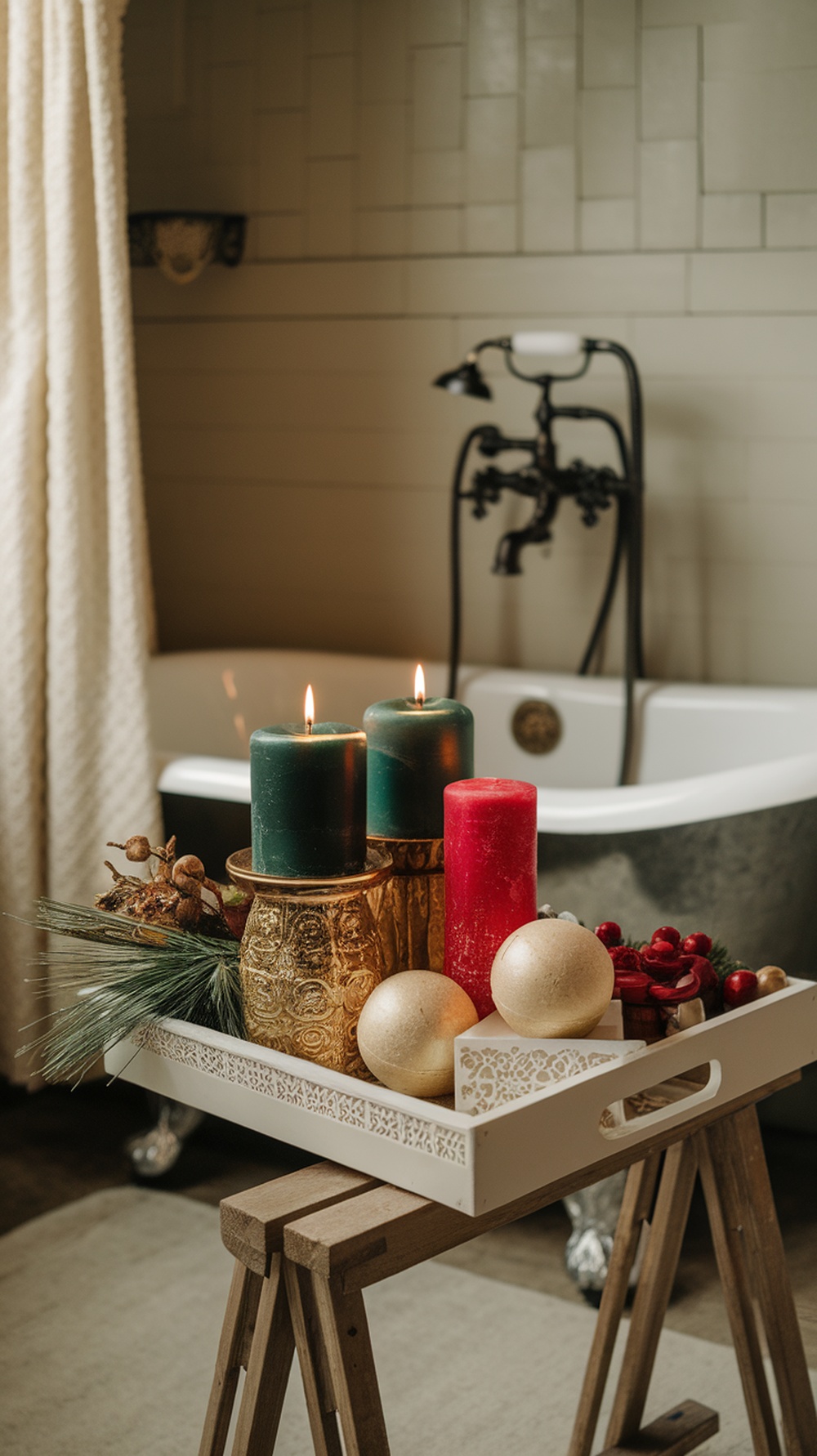 A holiday-themed bath tray with candles, ornaments, and natural decorations.