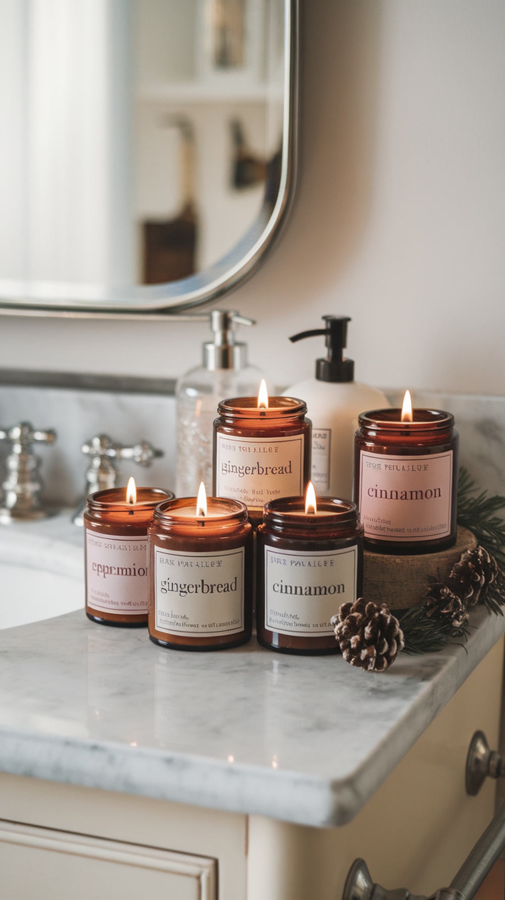 A collection of holiday scented candles on a bathroom counter, featuring scents like gingerbread, cinnamon, and peppermint.