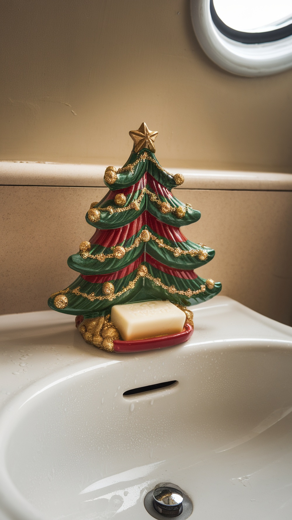 A charming Christmas tree-shaped soap dispenser with a bar of soap on a bathroom sink.