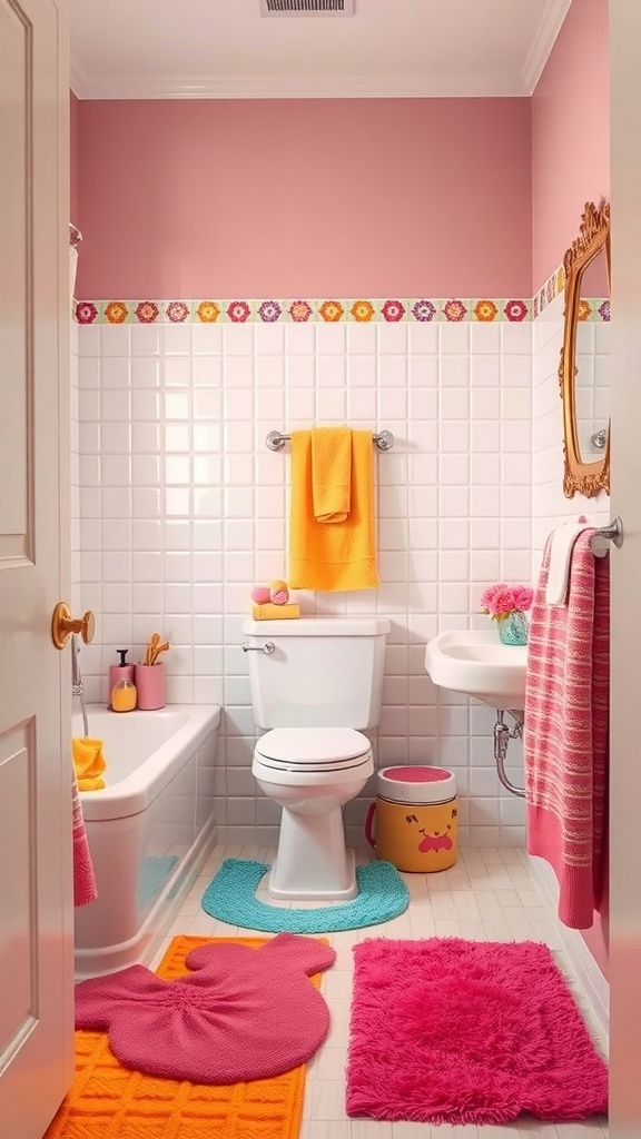 A colorful small bathroom with pink walls, white tiles, and vibrant accessories.