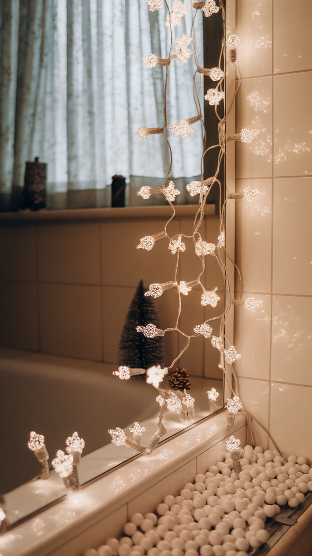 Fairy lights strung around a bathtub, creating a warm and festive atmosphere in a bathroom.