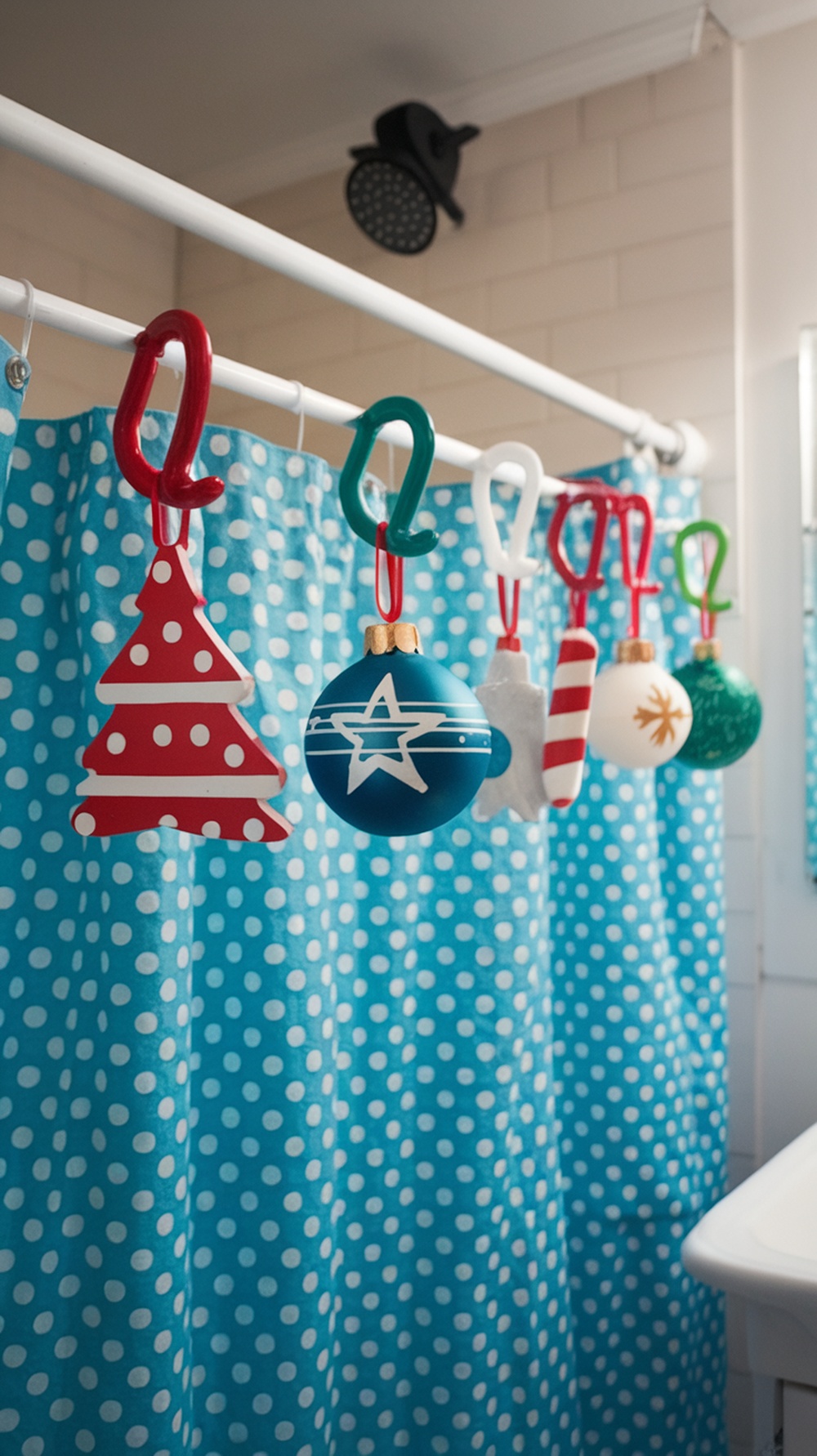 Colorful holiday shower hooks hanging on a blue polka dot shower curtain