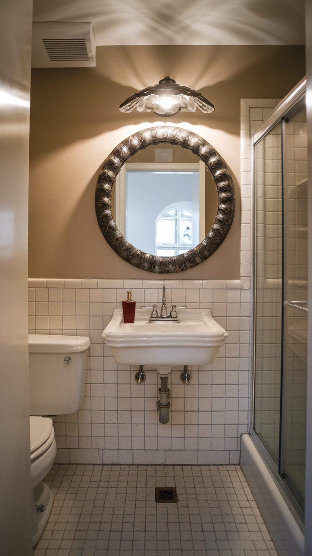 15 Funky Small Bathroom Ideas on a Budget with Must-Have Amazon Decor Finds A chic bathroom featuring a stylish round mirror above a sink.