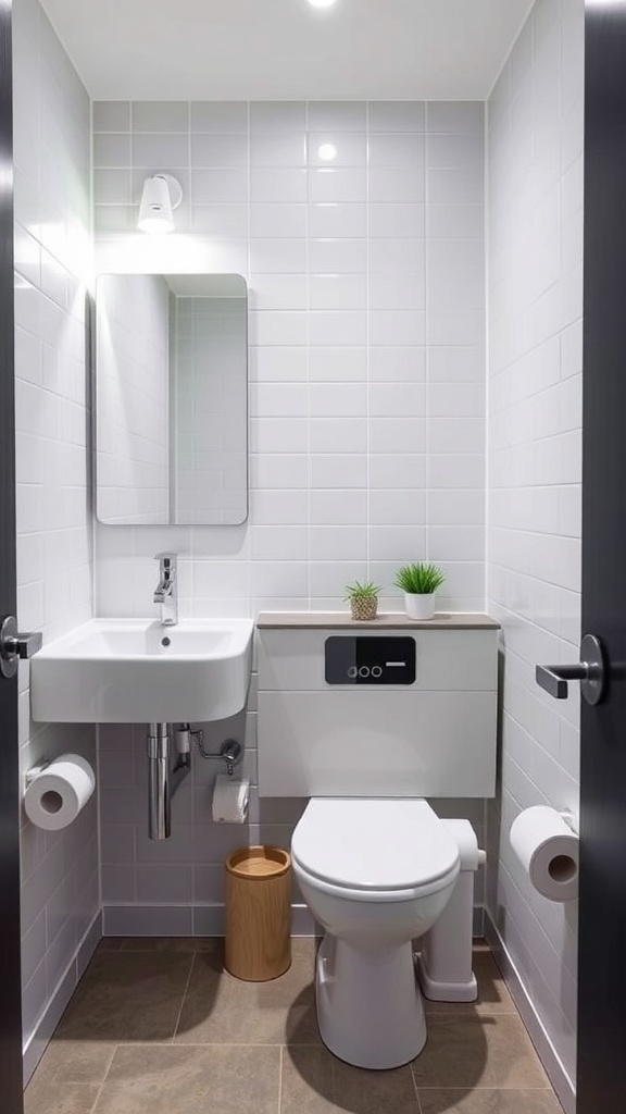 15 Creative Ways to Decorate a Small Bathroom on a Budget A small, modern bathroom featuring a wall-mounted sink, compact toilet, and minimalistic decor.