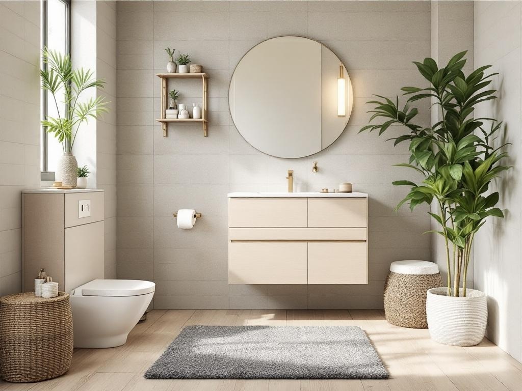 A modern tiny bathroom featuring a floating vanity, round mirror, and plants for decoration.