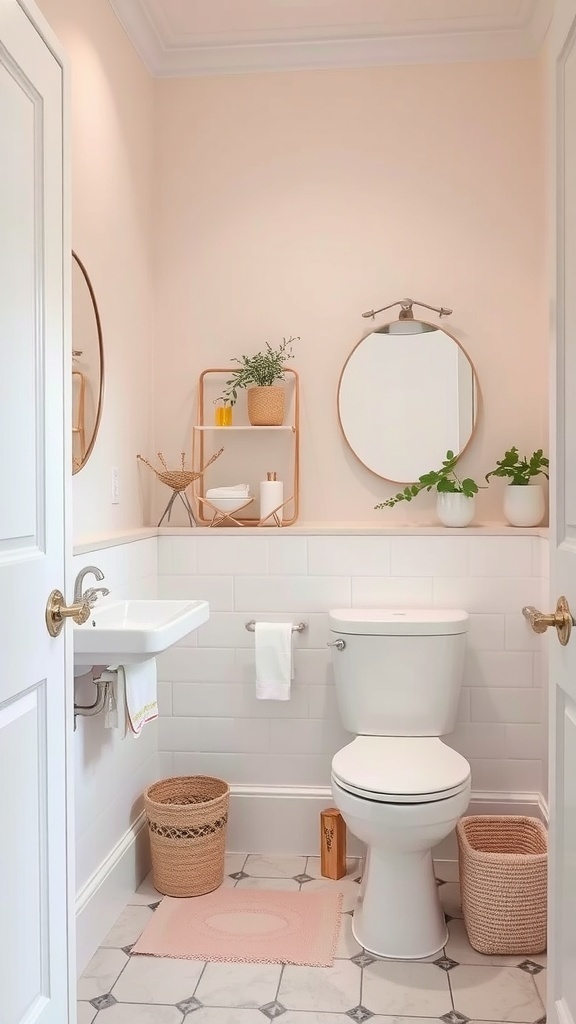 Chic small bathroom with light colors and stylish decor.