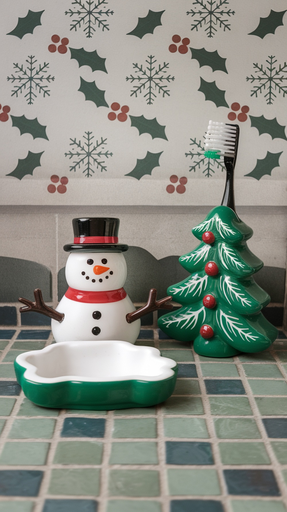 A snowman and a Christmas tree bath accessory on a tiled bathroom counter
