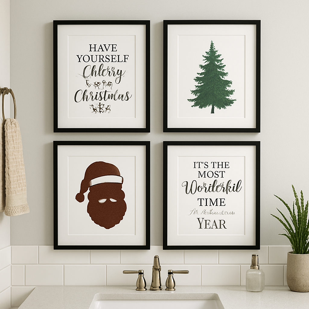 Four framed Christmas-themed wall art pieces in a bathroom setting.