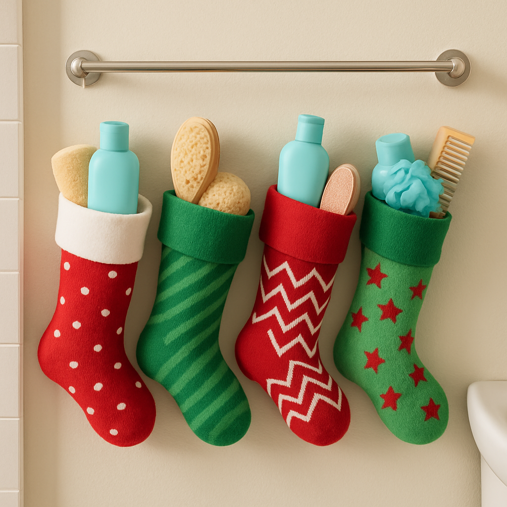 Colorful Christmas stockings filled with bathroom essentials hanging on a towel bar.