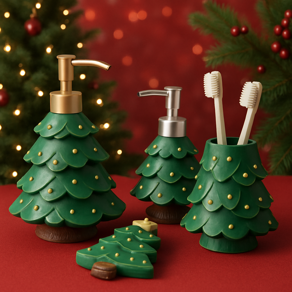Christmas tree-shaped bath accessories including a soap dispenser and toothbrush holder