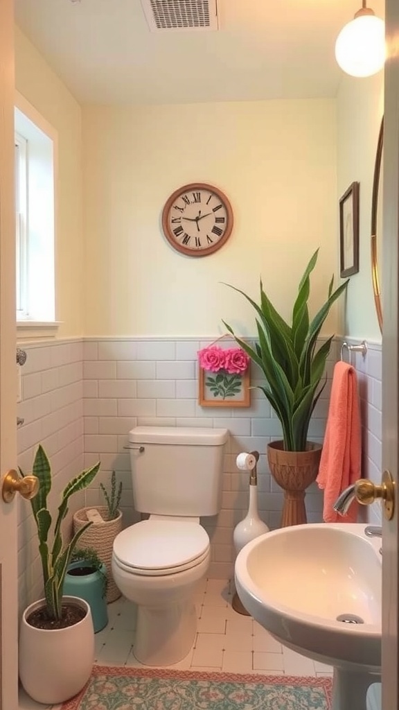 15 Creative Ways to Decorate a Small Bathroom on a Budget A small bathroom with light-colored walls, plants, and colorful accessories.