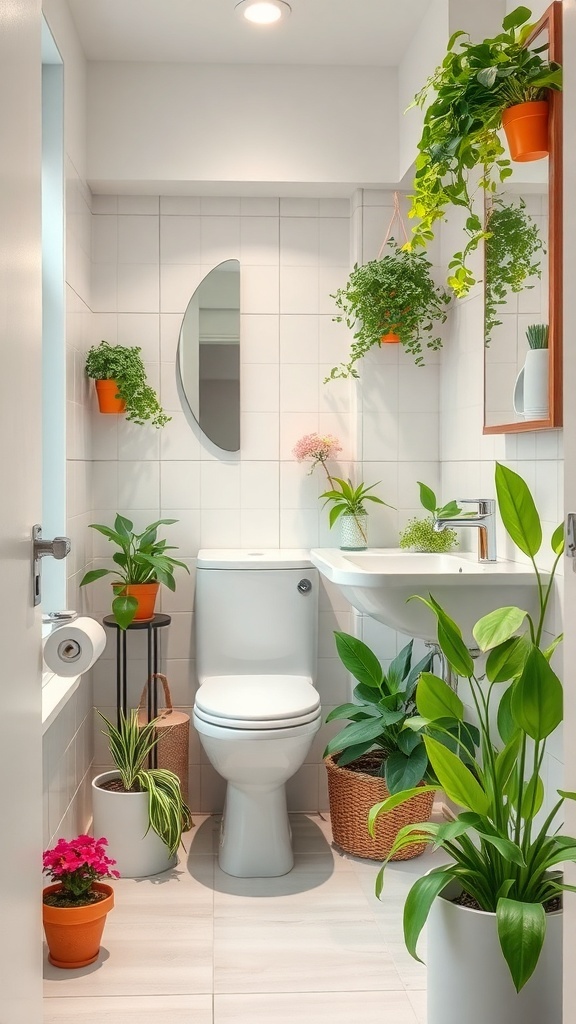 A small bathroom filled with colorful plants in various pots, creating a lively and inviting atmosphere.