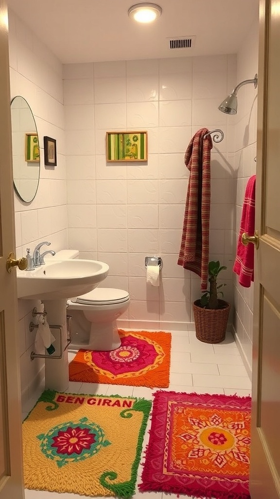 Colorful rugs in a small bathroom, featuring vibrant patterns and colors.