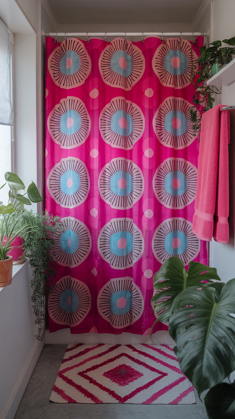 15 Funky Small Bathroom Ideas on a Budget with Must-Have Amazon Decor Finds A vibrant pink shower curtain with circular patterns in a small bathroom setting.