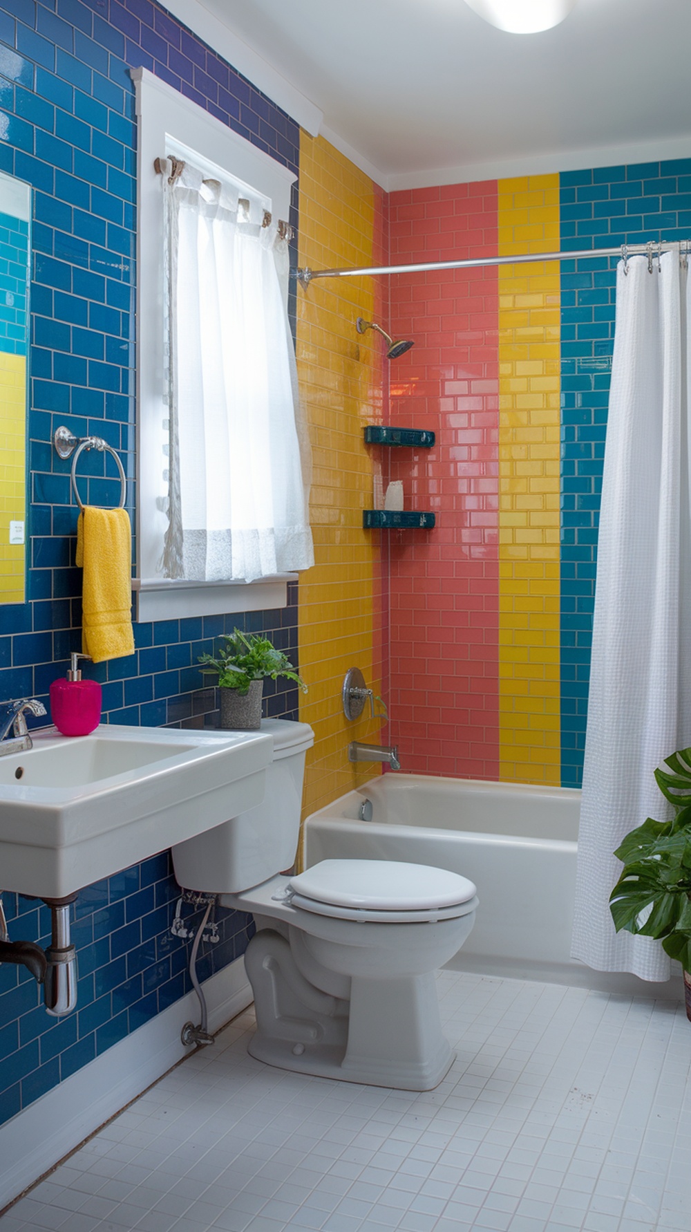 A small bathroom featuring colorful subway tiles in blue, yellow, pink, and teal, with a white bathtub and sink.