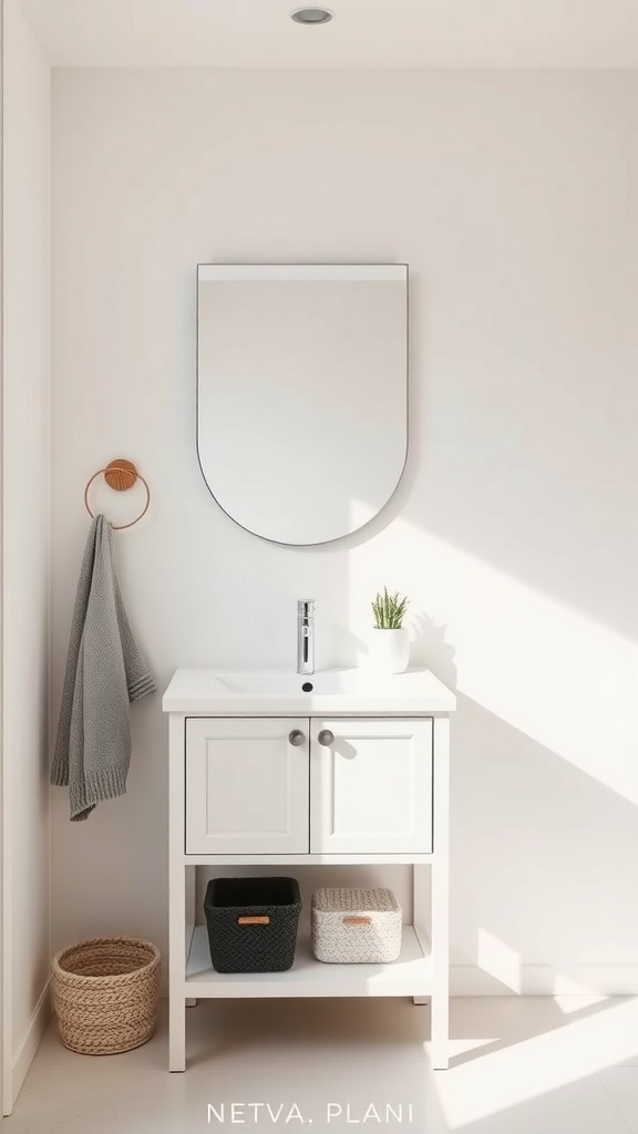 A compact white bathroom vanity with a mirror, small plant, and storage baskets.