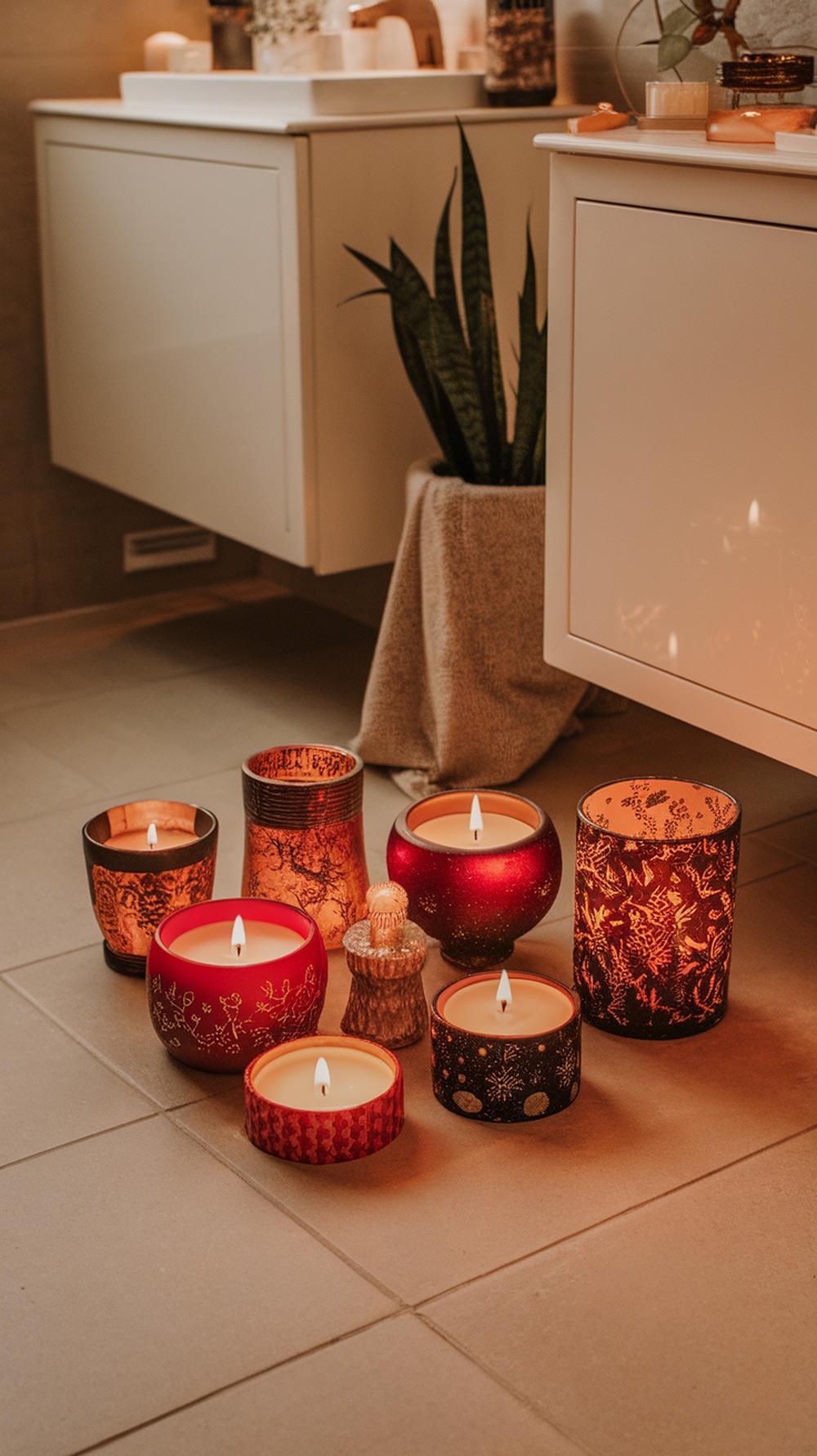 A cozy arrangement of lit candles in various designs and colors on a bathroom floor.