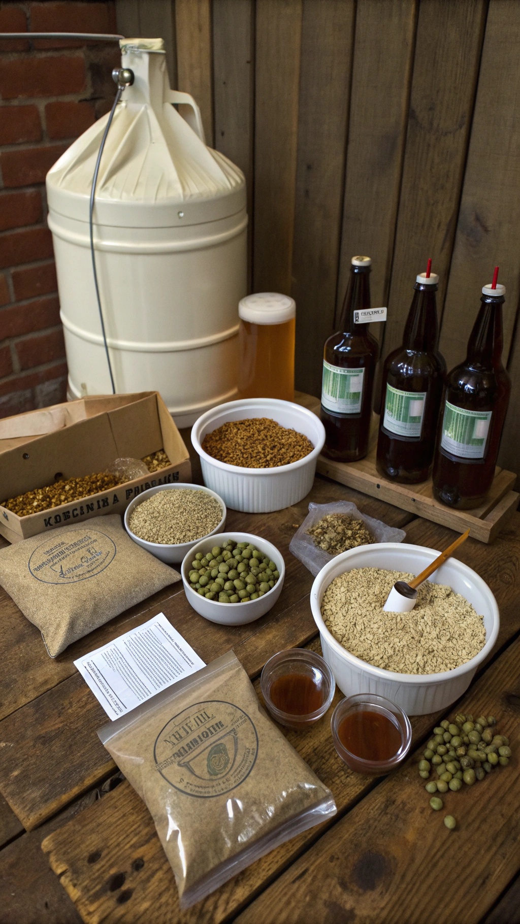 20 Thoughtful New Year's Gifts for Him Craft beer brewing kit with ingredients and equipment on a wooden table