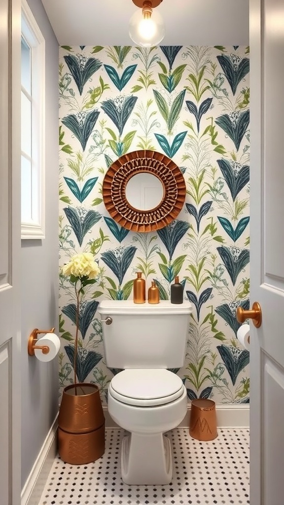 15 Creative Ways to Decorate a Small Bathroom on a Budget Small bathroom with floral wallpaper, a round mirror, and decorative elements.