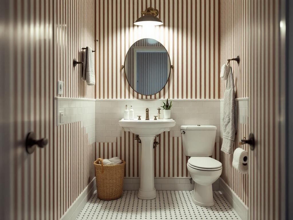 A small bathroom with vertical striped wallpaper, a round mirror, and a pedestal sink.