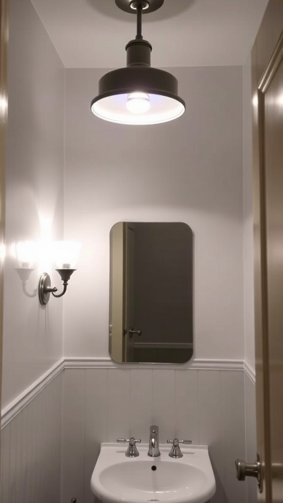 A small bathroom with a ceiling light and wall sconces.