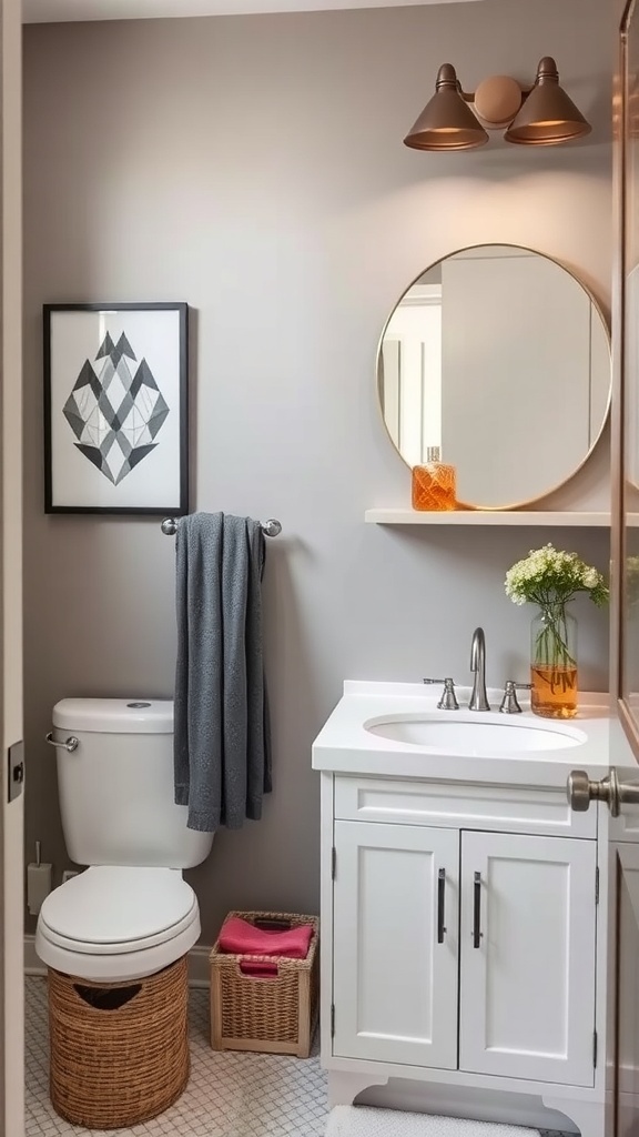 15 Creative Ways to Decorate a Small Bathroom on a Budget A small bathroom featuring a round mirror, stylish lighting, and organized storage solutions.