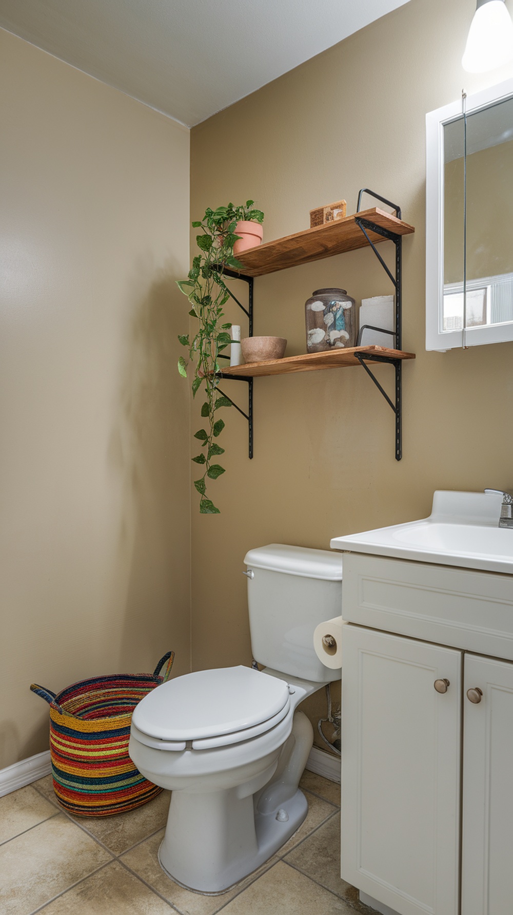 15 Small Funky Bathroom Ideas to Transform Your Space Instantly Small bathroom with wooden shelves above the toilet, featuring plants and decorative items, and a colorful basket on the floor.