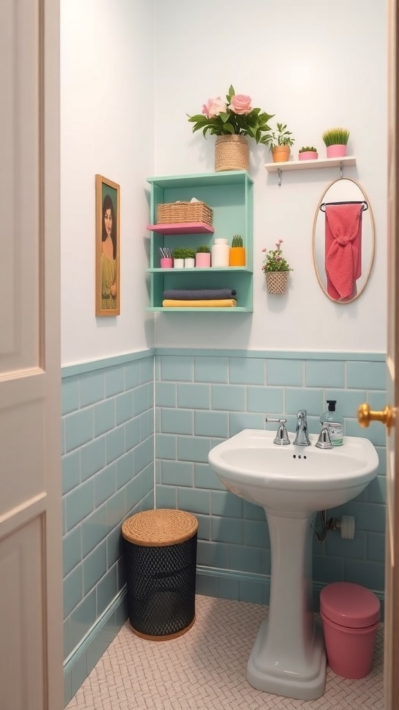 Colorful small bathroom with creative storage solutions including shelves and plants.