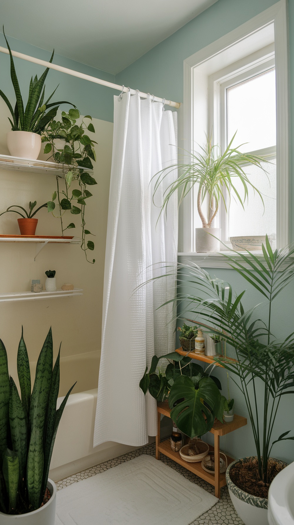 15 Small Funky Bathroom Ideas to Transform Your Space Instantly A small bathroom featuring various plants, including a snake plant and pothos, on shelves and a window sill.