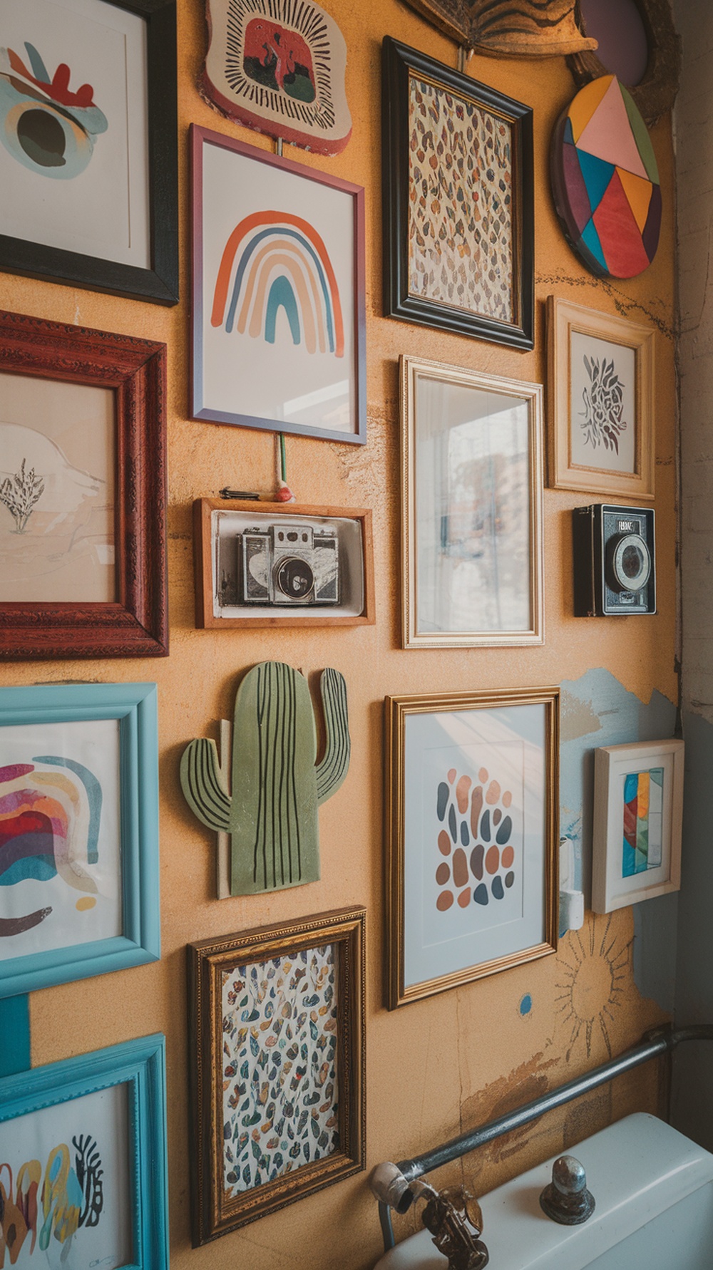 15 Funky Small Bathroom Ideas on a Budget with Must-Have Amazon Decor Finds A colorful gallery wall featuring various framed artworks and decorations in a small bathroom.