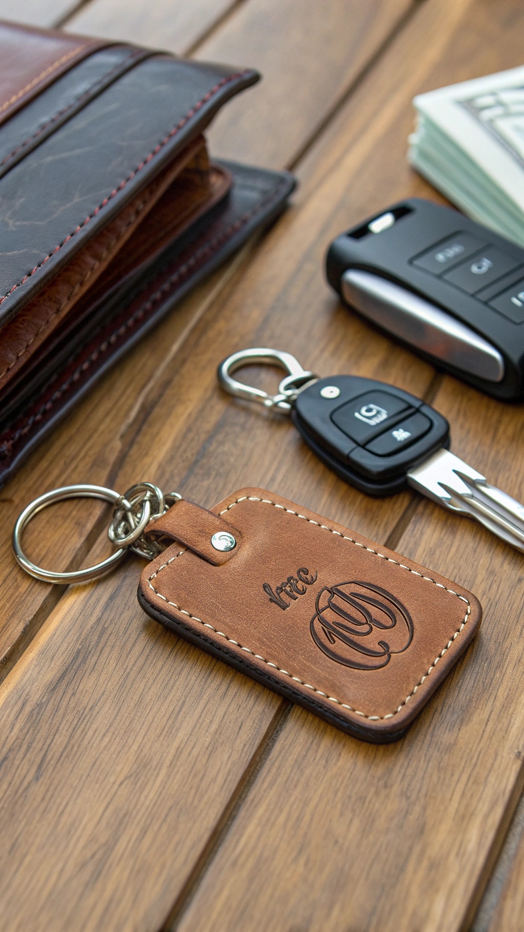 20 Thoughtful New Year's Gifts for Him A custom engraved leather keychain on a wooden table next to car keys and a wallet.