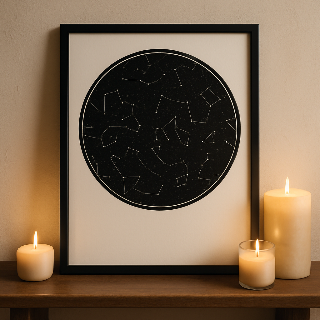 A framed custom star map displayed on a table with candles.