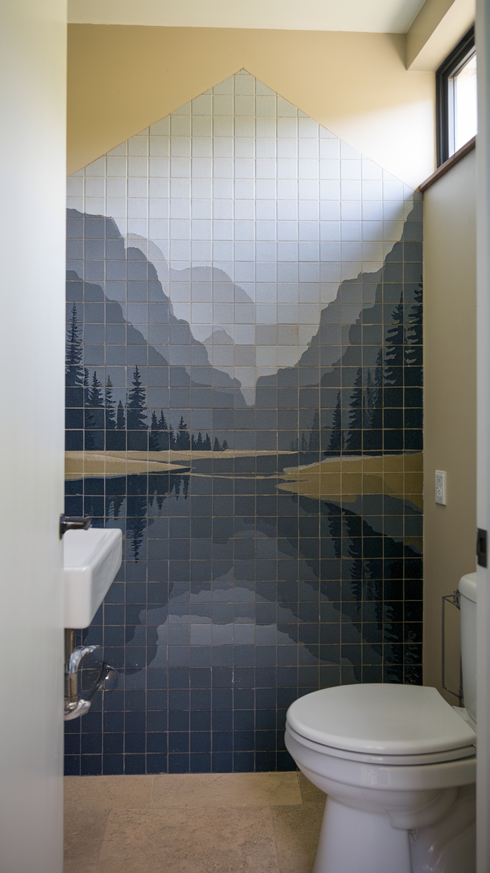 A bathroom featuring a custom tile mural of mountains and a lake, with a modern toilet and sink.