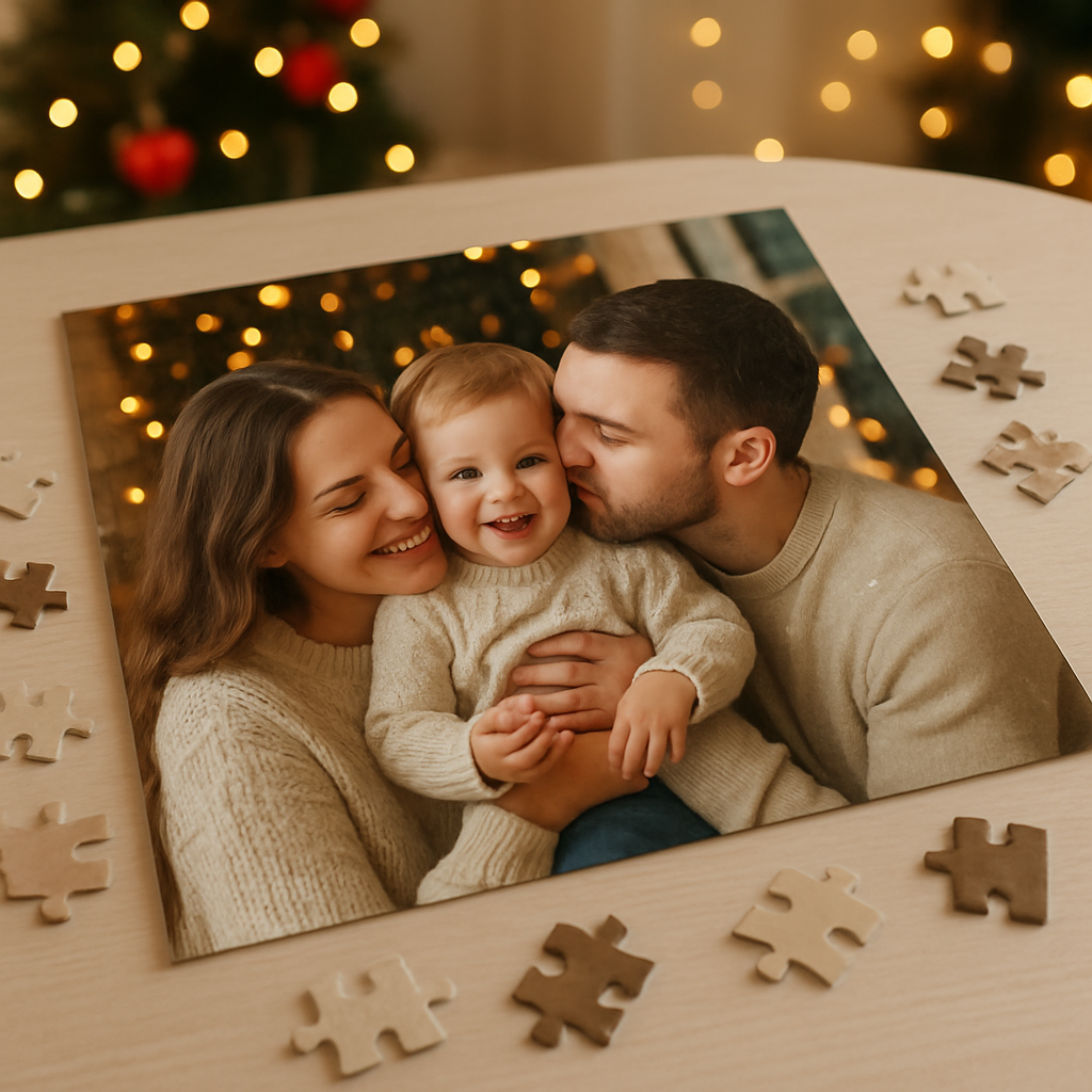 A customized puzzle featuring a happy family photo, with puzzle pieces scattered around.