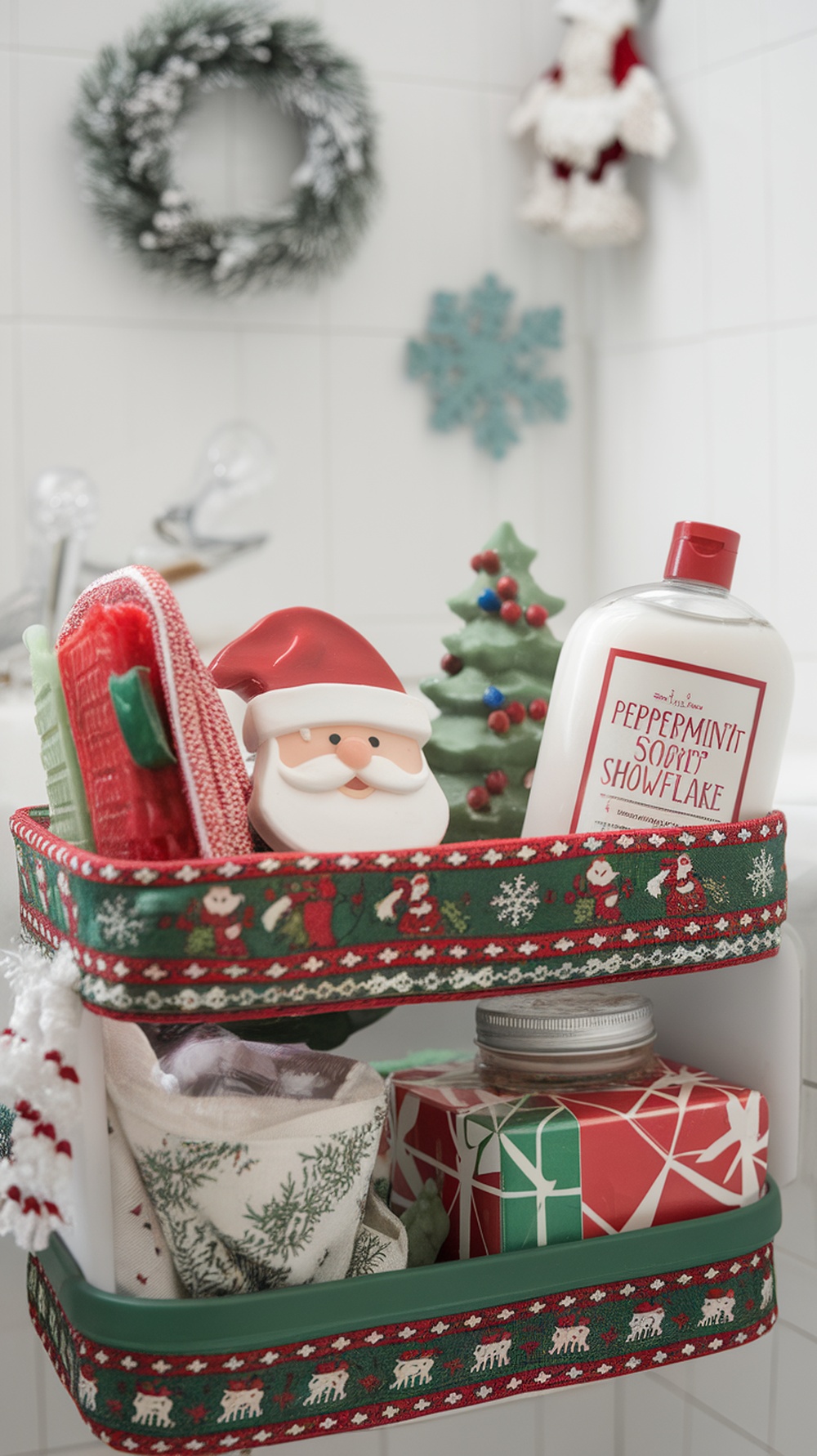 A festive shower caddy decorated for Christmas, featuring Santa-themed soap, peppermint body wash, colorful soaps, and a mini Christmas tree.